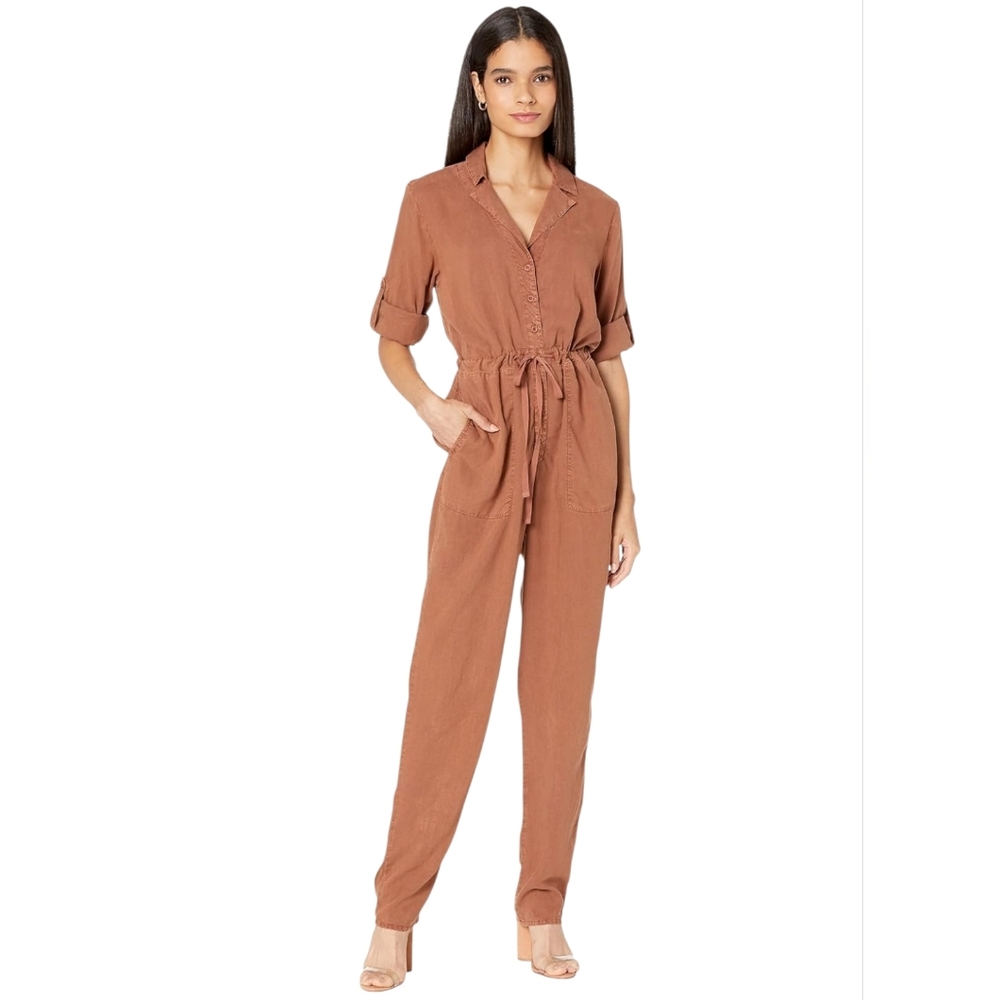 Bella Dahl Women's Earthy Brown Utility Roll Tab Sleeve Jumpsuit Size L
